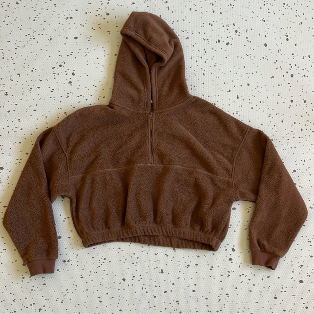 💘 COTTON ON - BROWN TEDDY FLEECE HALF ZIP CROPPED PULLOVER